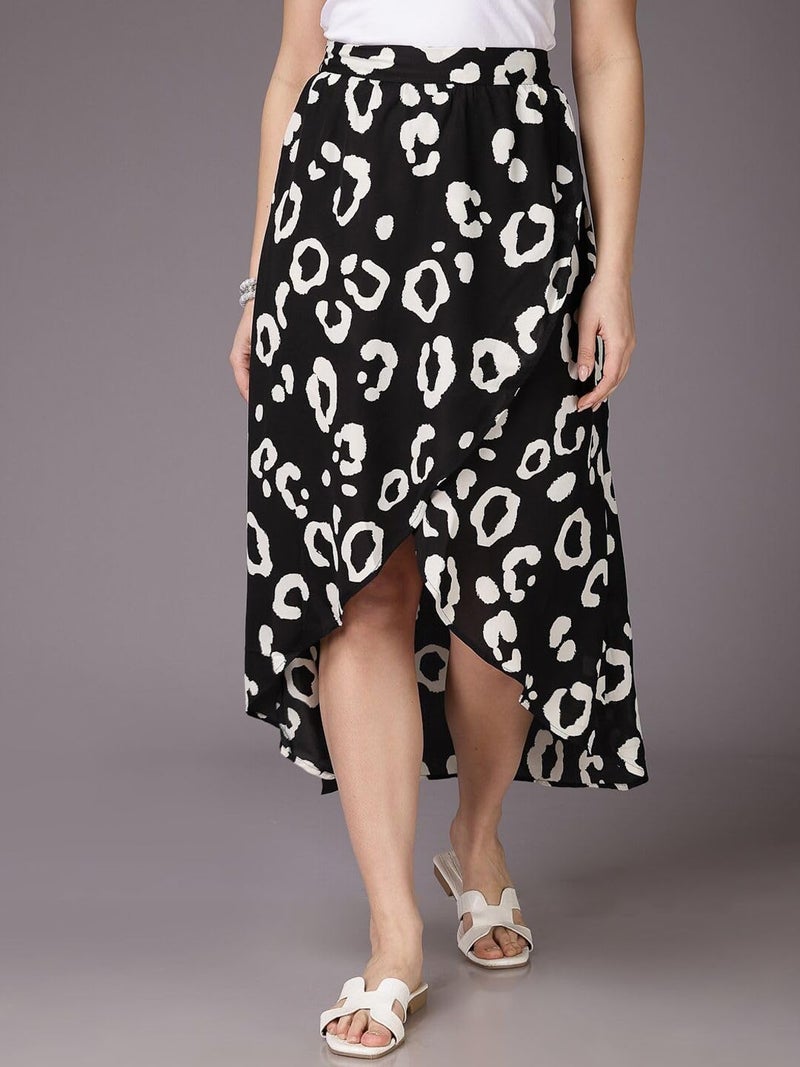 Freehand Women Black Flared Animal Print Asymmetric Skirt (Black_30) - Image 2