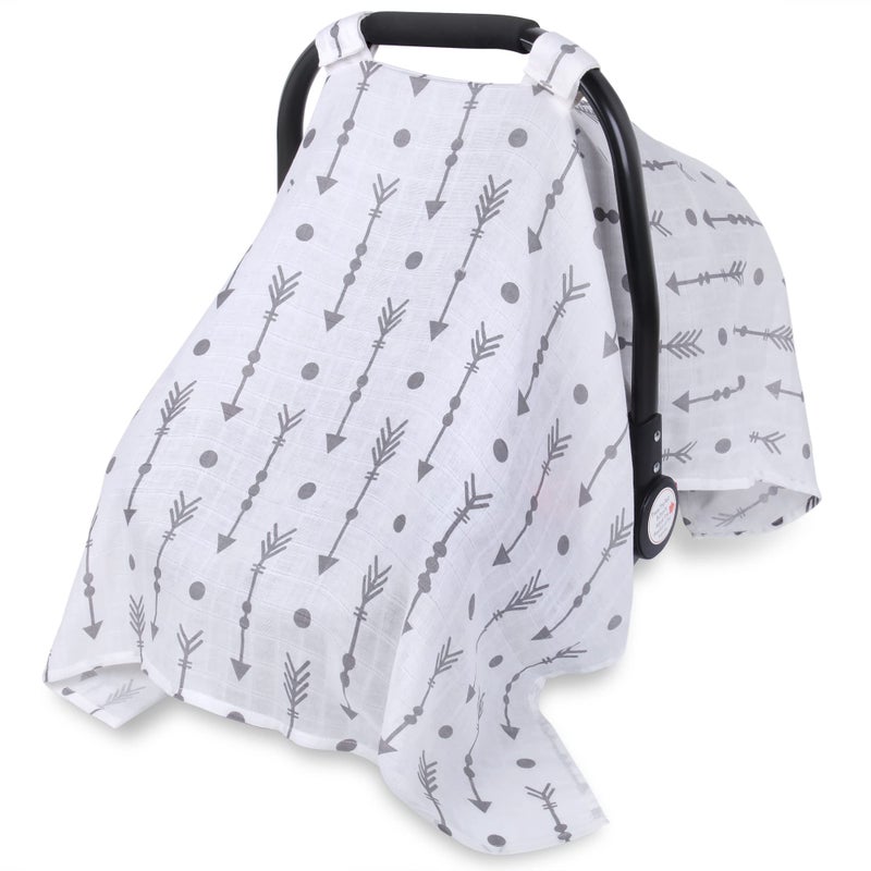 Rquite Car Seat Covers for Babies, 100% Muslin Carseat Cover Boys Girls, Lightweight Infant Car Seat Canopy, Soft Breathable Baby Carrier Cover, Summer Stroller Cover (Grey Arrow) - Image 1