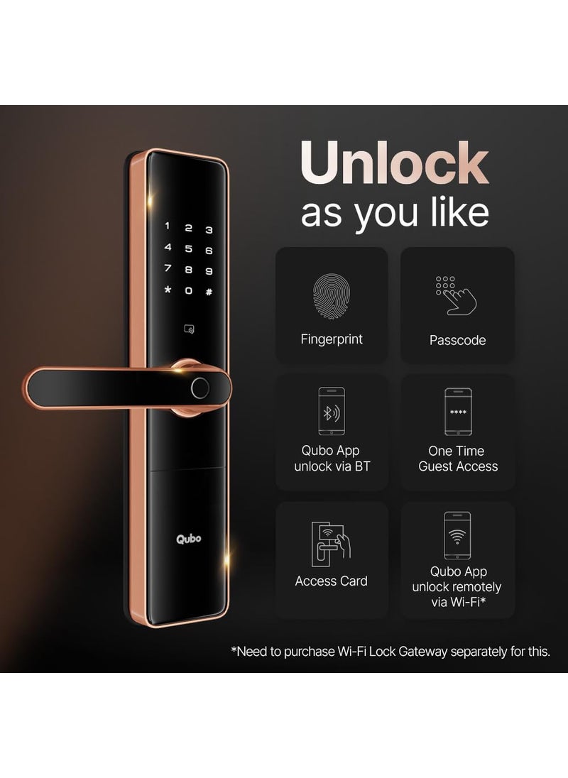 Qubo - QUBO Smart Door Lock Ultra from Hero Group 6Way Unlocking 5 Bolts Fingerprint Remote Unlocking via OTP PIN Access Card Mobile App Mechanical Key 2 Years Brand Warranty Copper - Image 1