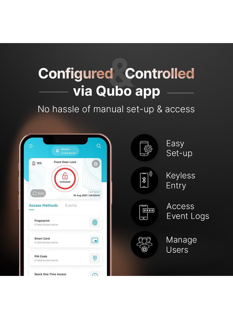 Qubo - QUBO Smart Door Lock Ultra from Hero Group 6Way Unlocking 5 Bolts Fingerprint Remote Unlocking via OTP PIN Access Card Mobile App Mechanical Key 2 Years Brand Warranty Copper - Image 1