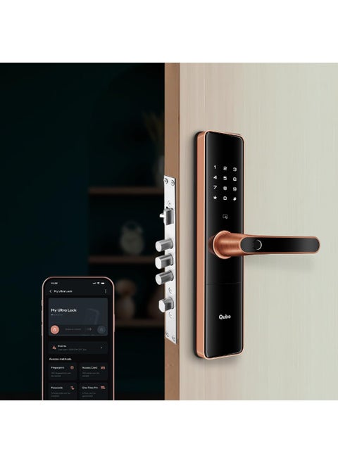 QUBO Smart Door Lock Ultra from Hero Group 6Way Unlocking 5 Bolts Fingerprint Remote Unlocking via OTP PIN Access Card Mobile App Mechanical Key 2 Years Brand Warranty Copper