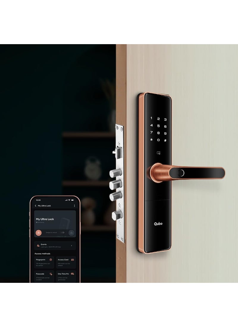Qubo - QUBO Smart Door Lock Ultra from Hero Group 6Way Unlocking 5 Bolts Fingerprint Remote Unlocking via OTP PIN Access Card Mobile App Mechanical Key 2 Years Brand Warranty Copper - Image 1