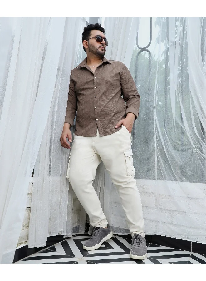 Instafab Plus Men's Tan Brown Stripe-Creased Shirt