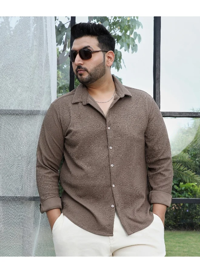 Instafab Plus Men's Tan Brown Stripe-Creased Shirt