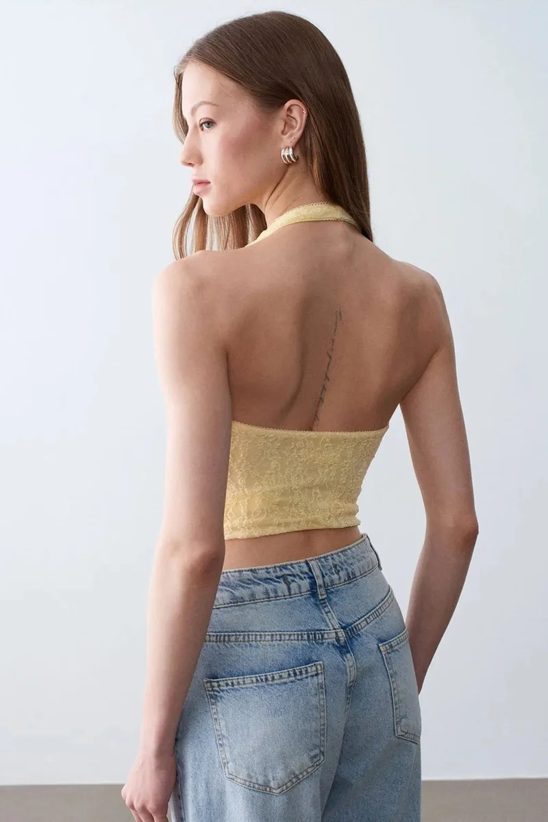 Dilvin Lemon Yellow DILVIN Women’s Lace Halterneck Crop Blouse for Women | Best Price UAE