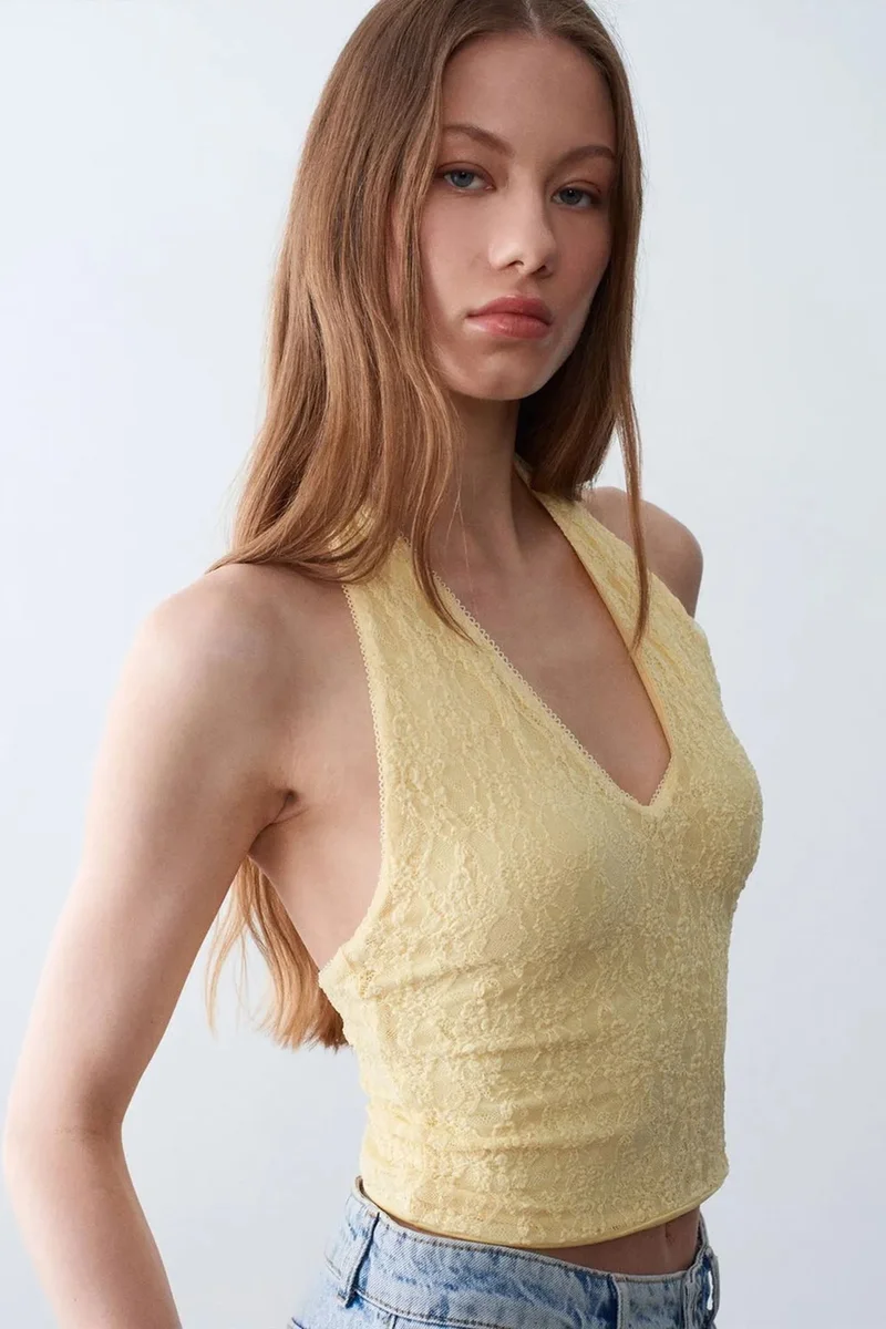 Dilvin Lemon Yellow DILVIN Women’s Lace Halterneck Crop Blouse for Women | Best Price UAE