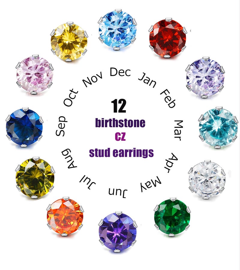 LOYALLOOK 12 Pairs Stainless Steel Round Cubic Zirconia Birthstone Stud Earrings for Women 4mm - Image 2