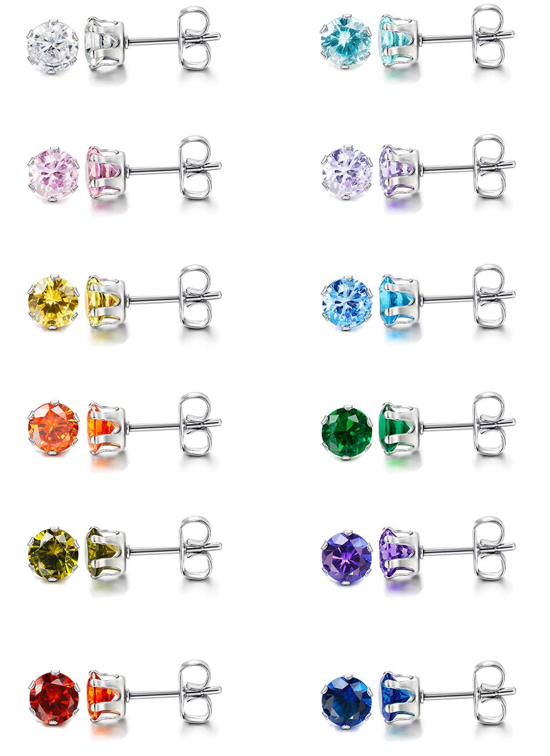LOYALLOOK 12 Pairs Stainless Steel Round Cubic Zirconia Birthstone Stud Earrings for Women 4mm - Image 1