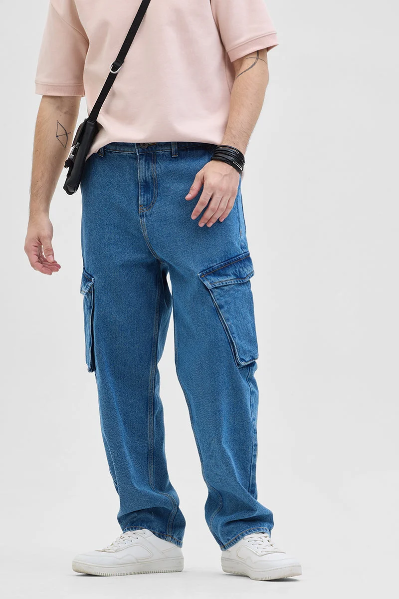 SNITCH Light Blue Solid Loose Fit Streetwear Jeans