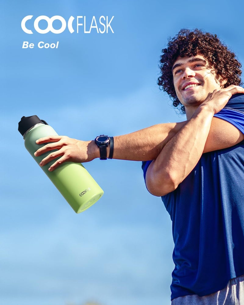 Coolflask Water Bottle 40 oz Insulated with Straw&Brush, Vaccum Stainless Steel Metal 3 Lids Water Flask for Sports, Gym or Office, Keep Cold 48H Hot 24H, Ombre Green - Image 2
