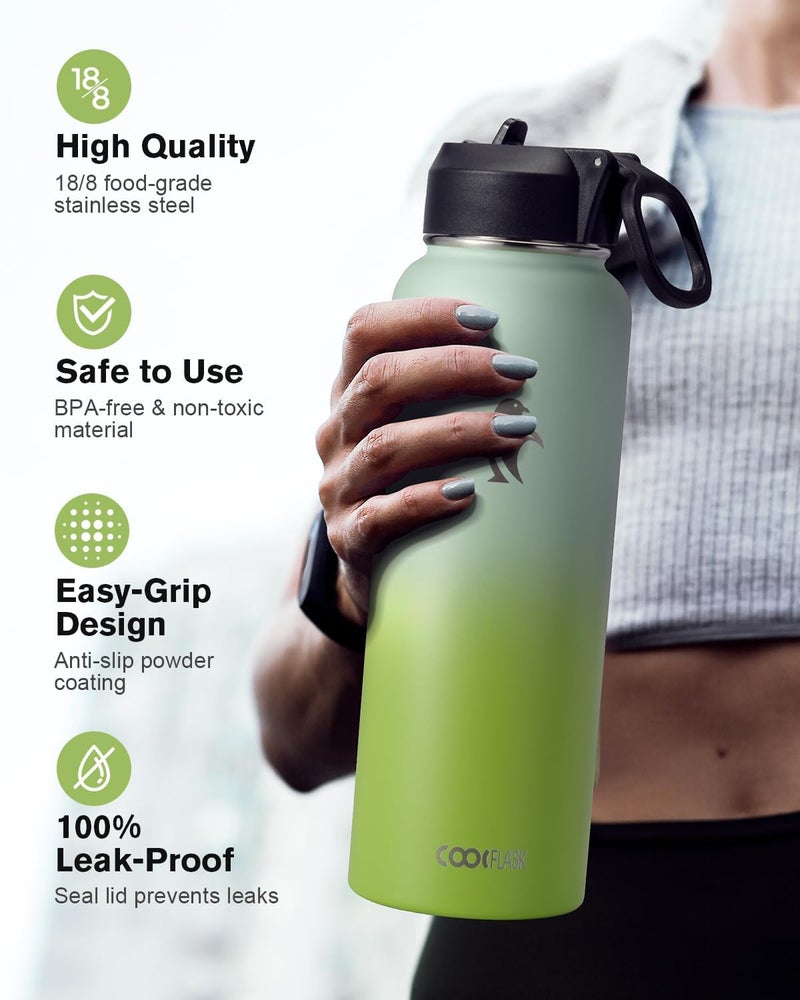 Coolflask Water Bottle 40 oz Insulated with Straw&Brush, Vaccum Stainless Steel Metal 3 Lids Water Flask for Sports, Gym or Office, Keep Cold 48H Hot 24H, Ombre Green - Image 3