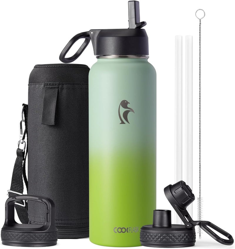 Coolflask Water Bottle 40 oz Insulated with Straw&Brush, Vaccum Stainless Steel Metal 3 Lids Water Flask for Sports, Gym or Office, Keep Cold 48H Hot 24H, Ombre Green - Image 1