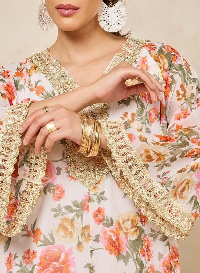 ستايلي جلابية واسعة بياقة على شكل حرف  وزخرفة دانتيل بطبعة زهور - Image 4