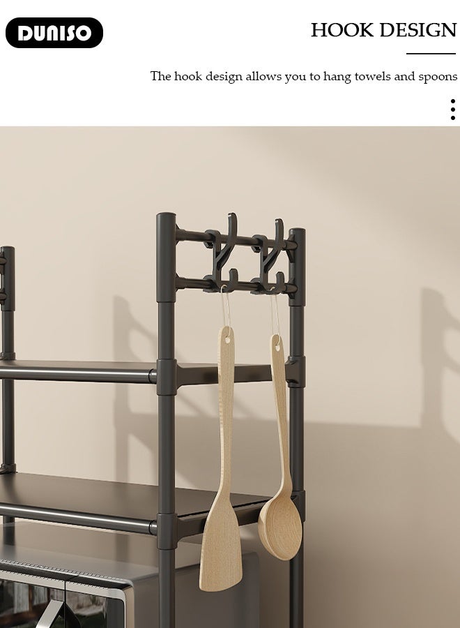 DUNISO 2 Tier Microwave Oven Rack , Stable Kitchen Storage Shelves Organizer, Storage Rack with Armrests, Removable Free Standing Rack with Hooks, Kitchen Storage Rack Utensils Tableware Storage Shelf, Microwave Shelf Countertop Organizer - Image 5