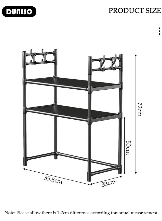 DUNISO 2 Tier Microwave Oven Rack , Stable Kitchen Storage Shelves Organizer, Storage Rack with Armrests, Removable Free Standing Rack with Hooks, Kitchen Storage Rack Utensils Tableware Storage Shelf, Microwave Shelf Countertop Organizer - Image 2