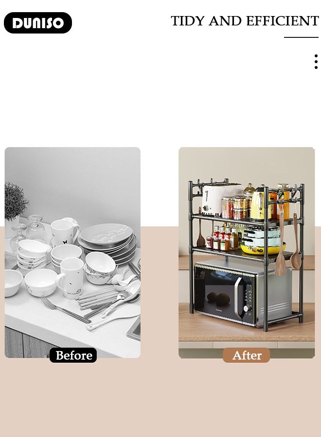 DUNISO 2 Tier Microwave Oven Rack , Stable Kitchen Storage Shelves Organizer, Storage Rack with Armrests, Removable Free Standing Rack with Hooks, Kitchen Storage Rack Utensils Tableware Storage Shelf, Microwave Shelf Countertop Organizer - Image 3