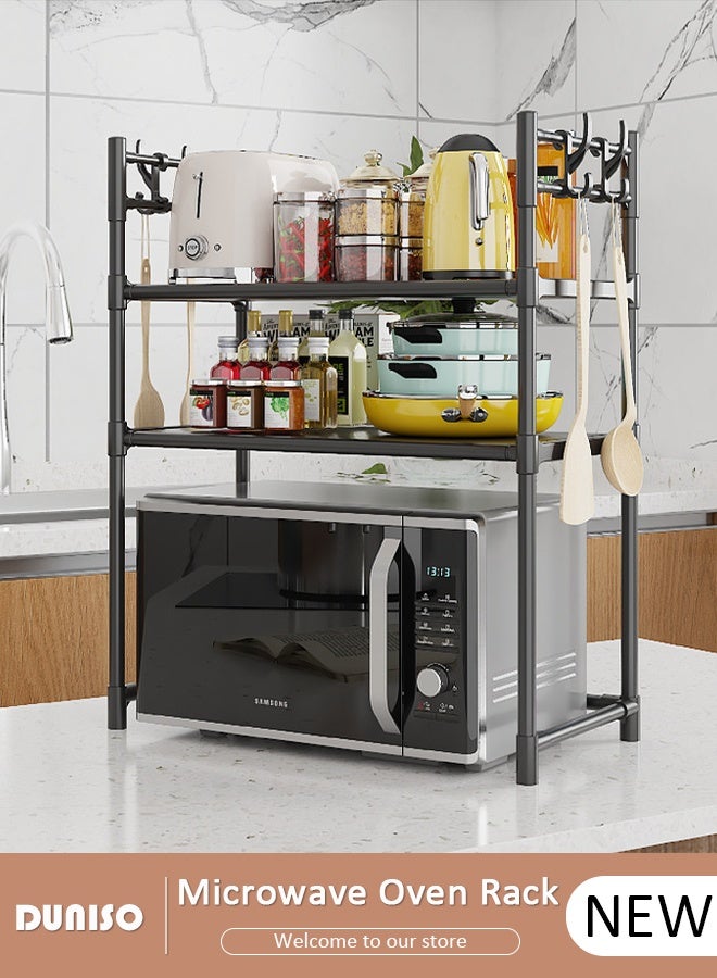DUNISO 2 Tier Microwave Oven Rack , Stable Kitchen Storage Shelves Organizer, Storage Rack with Armrests, Removable Free Standing Rack with Hooks, Kitchen Storage Rack Utensils Tableware Storage Shelf, Microwave Shelf Countertop Organizer - Image 1