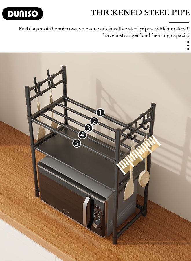 DUNISO 2 Tier Microwave Oven Rack , Stable Kitchen Storage Shelves Organizer, Storage Rack with Armrests, Removable Free Standing Rack with Hooks, Kitchen Storage Rack Utensils Tableware Storage Shelf, Microwave Shelf Countertop Organizer - Image 4