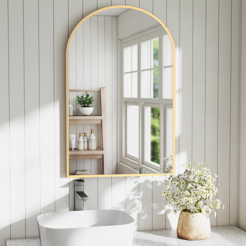 DUMOS Gold Metal Arch Vanity Rounded Rectangle Bathroom Mirrors for Over Sink Wall, 24x37 Inch Large Matte Mirror, Modern Decorative for Restroom, Farmhouse - Image 1