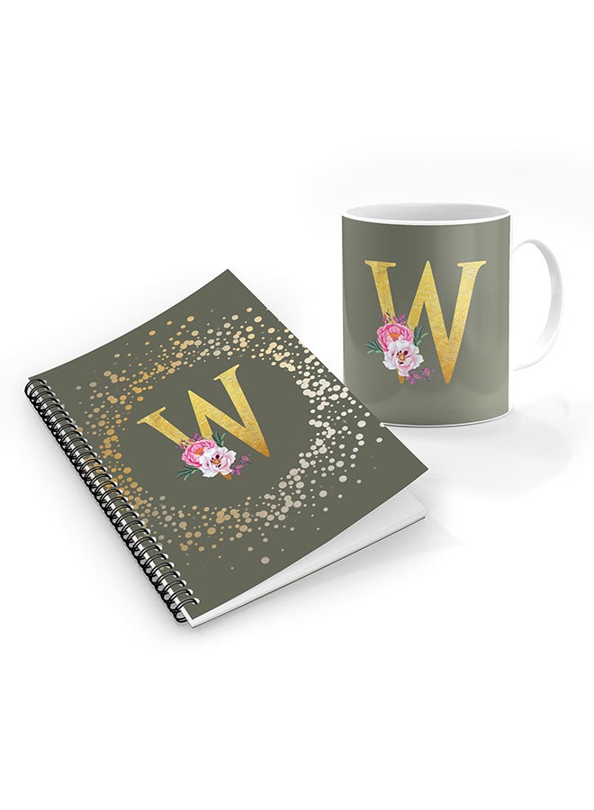 Stylizedd Printed Coffee Mug + A5 Spiral Notebook Memo Personalised Combo Gift Set Custom Monogram Initial Letter Floral Pattern Alphabet - W  (Olive Green )
