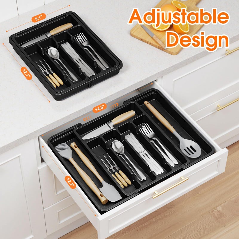 SpaceHacks Silverware Organizerï¼ŒAdjustable & Expandable Utensil Drawer Organizer, BPA Free Utensil Holder, Cutlery Tray for Forks, Spoons, Knives in Kitchen, Medium, Black - Image 4
