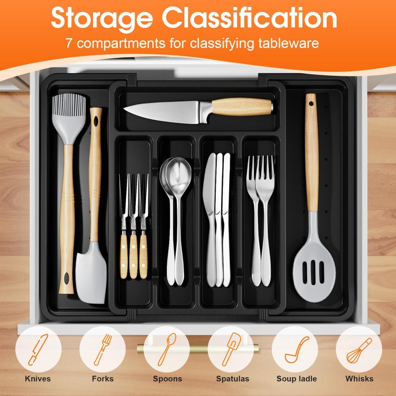 SpaceHacks Silverware Organizerï¼ŒAdjustable & Expandable Utensil Drawer Organizer, BPA Free Utensil Holder, Cutlery Tray for Forks, Spoons, Knives in Kitchen, Medium, Black - Image 2