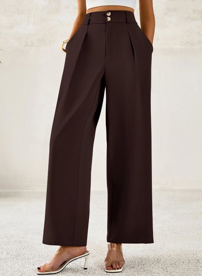 BTFBM Women Wide Leg Dress Pants 2025 High Waisted Button Pleated Business Casual Trousers Office Work Palazzo Pants, Dark Brown, M - Image 4
