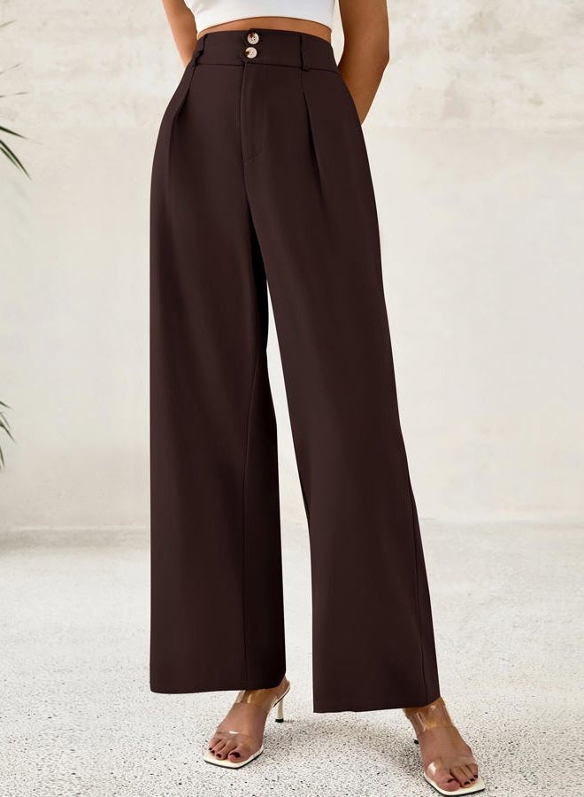 BTFBM Women Wide Leg Dress Pants 2025 High Waisted Button Pleated Business Casual Trousers Office Work Palazzo Pants, Dark Brown, M - Image 2