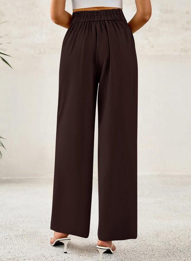 BTFBM Women Wide Leg Dress Pants 2025 High Waisted Button Pleated Business Casual Trousers Office Work Palazzo Pants, Dark Brown, M - Image 3