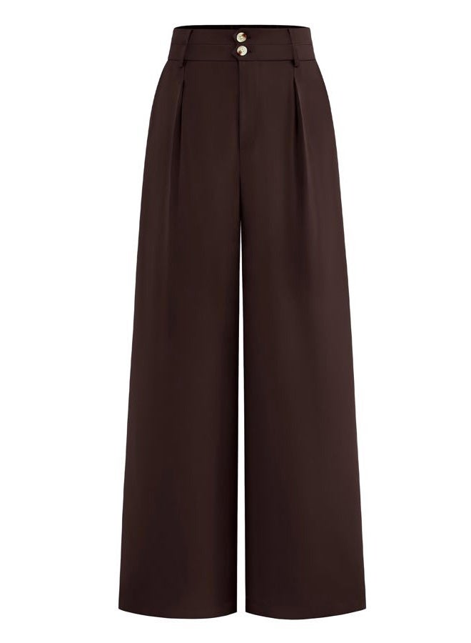 BTFBM Women Wide Leg Dress Pants 2025 High Waisted Button Pleated Business Casual Trousers Office Work Palazzo Pants, Dark Brown, M - Image 1