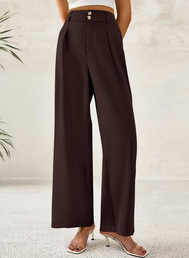 BTFBM Women Wide Leg Dress Pants 2025 High Waisted Button Pleated Business Casual Trousers Office Work Palazzo Pants, Dark Brown, M - Image 5