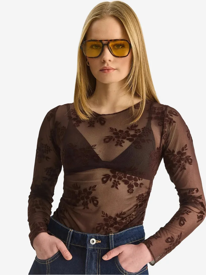 LUCCI Floral Cut Out Long Sleeve Blouse