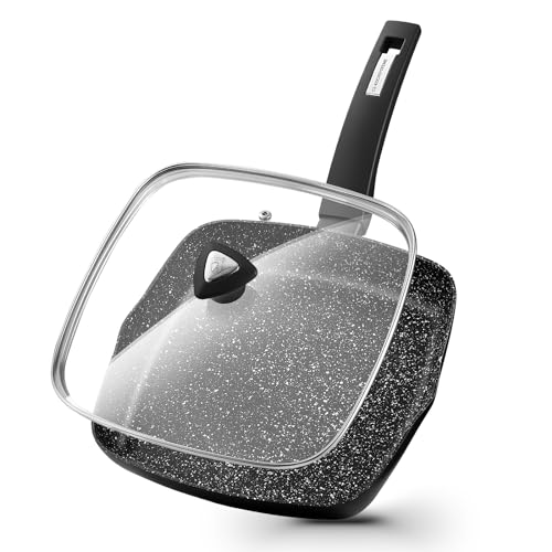 KOCH SYSTEME CS 9.5 Inch Nonstick Grill Pan for Stove Tops, Marble Coating Square Grill Skillet with Lid, Fry Pan Compatible with all Stoves, Ultimate Nonstick Skillet with Bakelite Handle, Toxic-Free - Image 1
