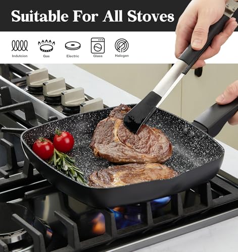 KOCH SYSTEME CS 9.5 Inch Nonstick Grill Pan for Stove Tops, Marble Coating Square Grill Skillet with Lid, Fry Pan Compatible with all Stoves, Ultimate Nonstick Skillet with Bakelite Handle, Toxic-Free - Image 4