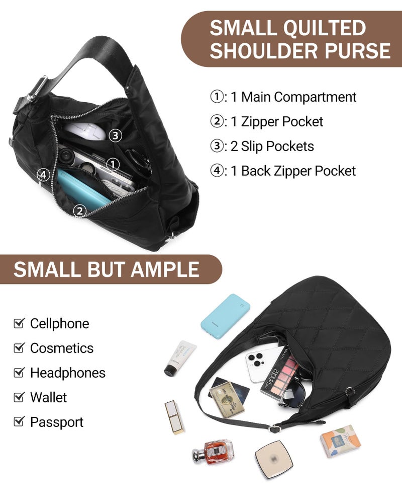 BAVERGE Nylon Crescent Bag Women Small Quilted Shoulder Purse Women's Hobo Handbag with Coin Wallet Mini Tote,Black - Image 4