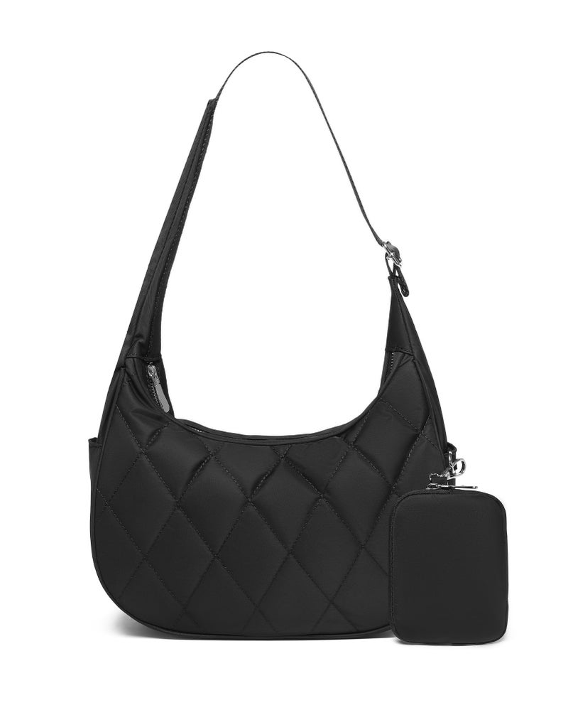 BAVERGE Nylon Crescent Bag Women Small Quilted Shoulder Purse Women's Hobo Handbag with Coin Wallet Mini Tote,Black - Image 1