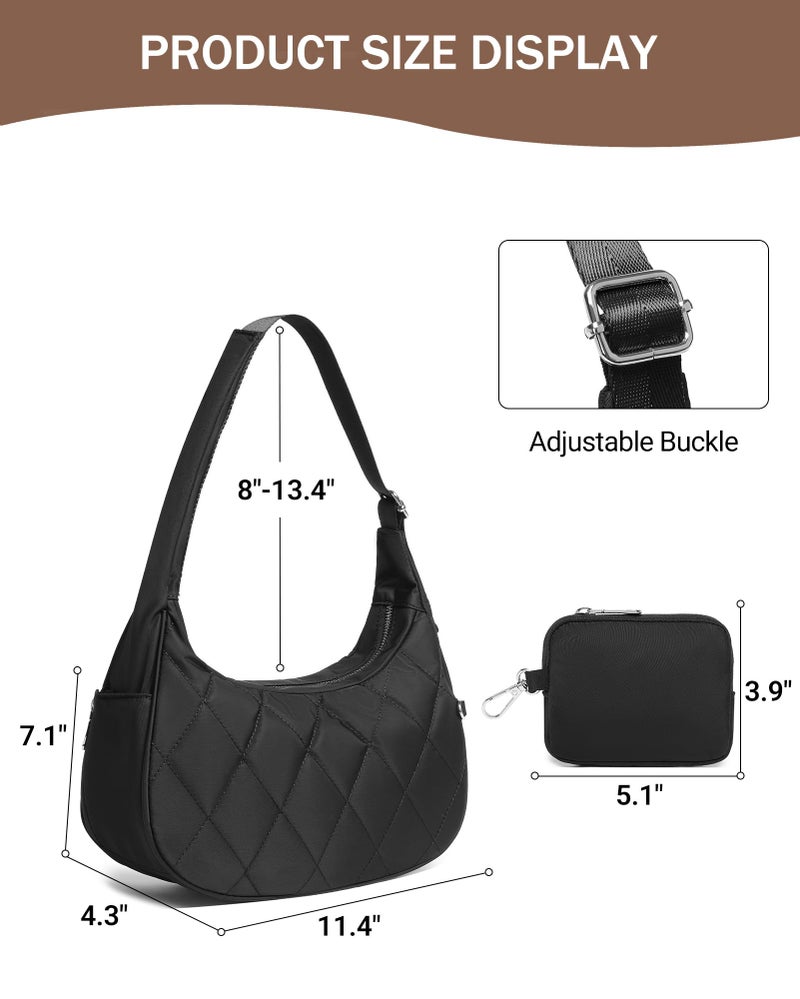 BAVERGE Nylon Crescent Bag Women Small Quilted Shoulder Purse Women's Hobo Handbag with Coin Wallet Mini Tote,Black - Image 5