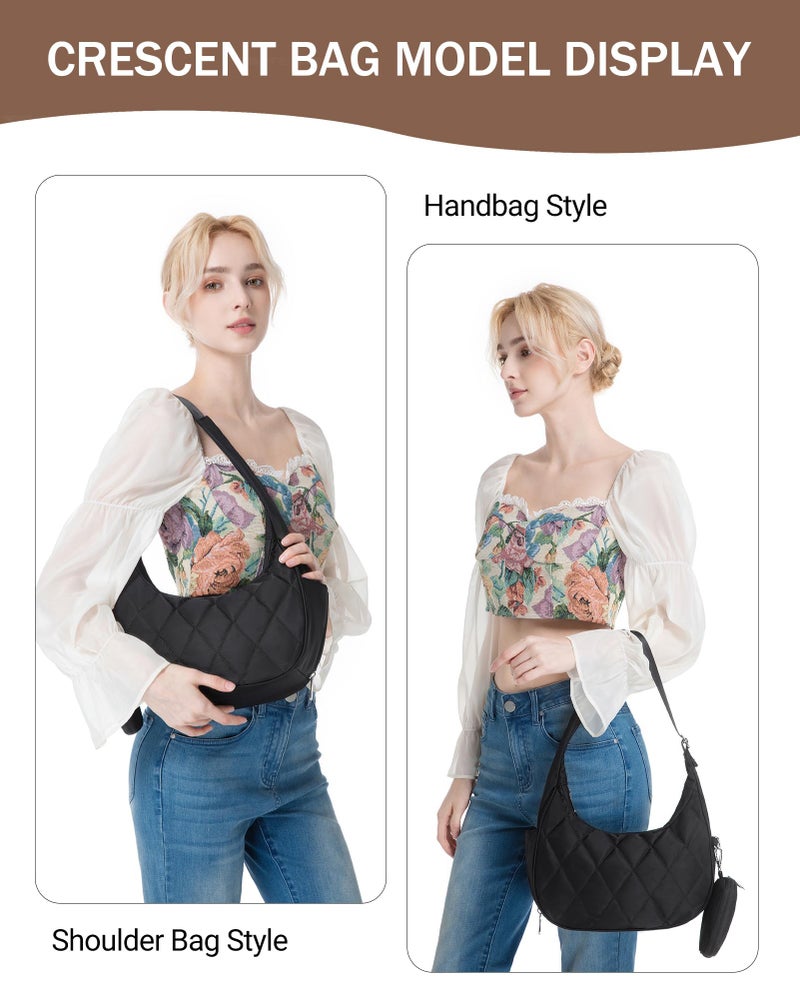 BAVERGE Nylon Crescent Bag Women Small Quilted Shoulder Purse Women's Hobo Handbag with Coin Wallet Mini Tote,Black - Image 2