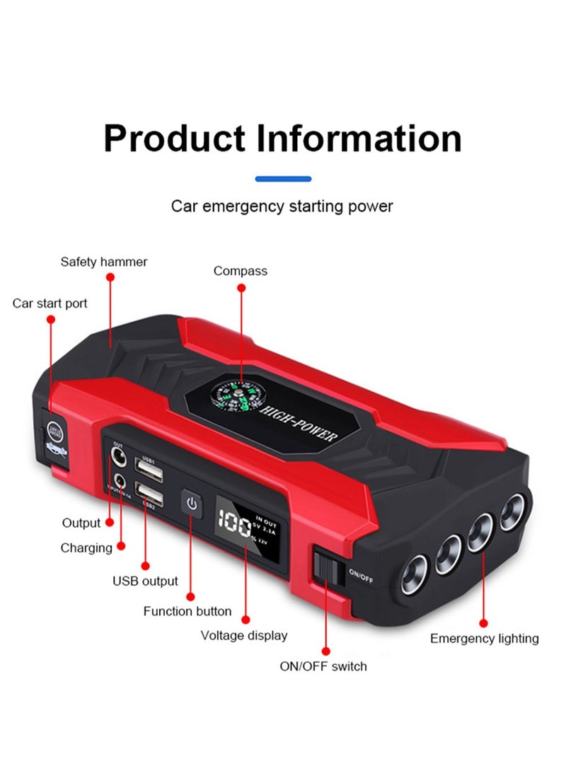 Generic Car Jump Starter Powerful Power Bank Car Booster Starting Device 28000mah Water-Resistant Auto Emergency Battery Charger Pack Portable 200W 12V/1A with LED Light（Black&Red）  - Image 3