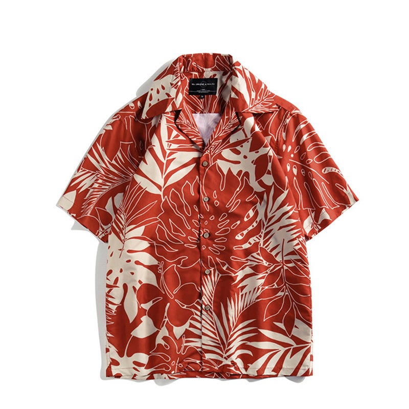American casual plant flower Hawaiian shirt short sleeve mens and womens retro Harajuku Hong Kong style plus size trendy vintage coat Red