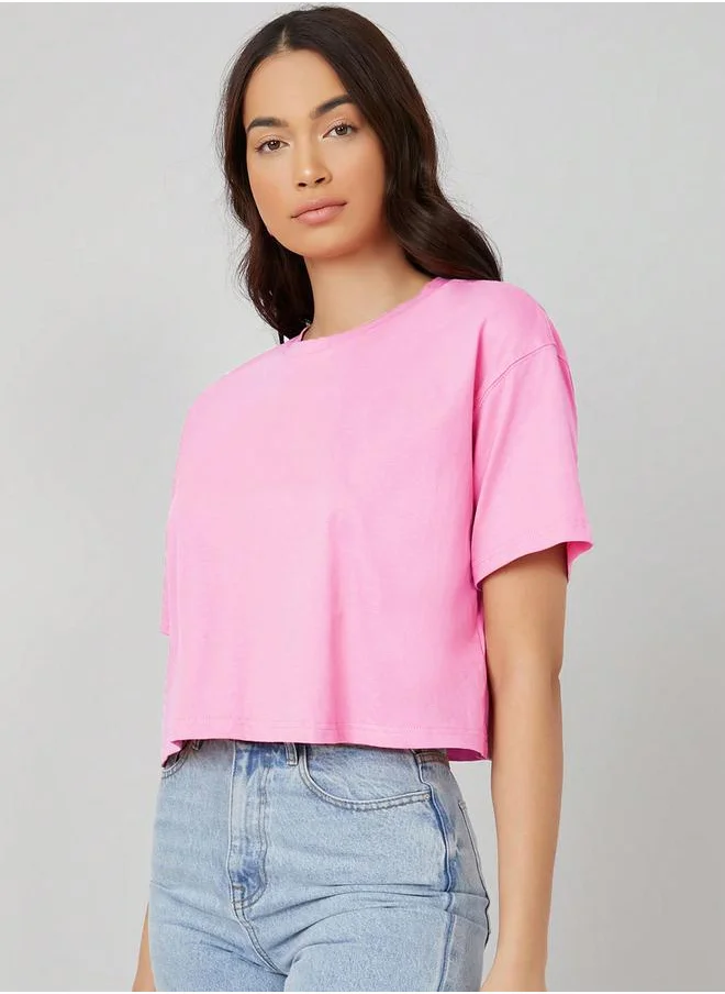 كوتي Solid Short Sleeve Oversized Crop T-Shirt