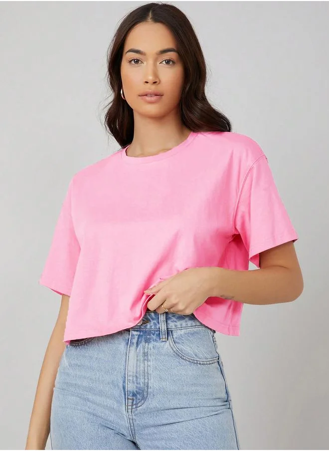 كوتي Solid Short Sleeve Oversized Crop T-Shirt