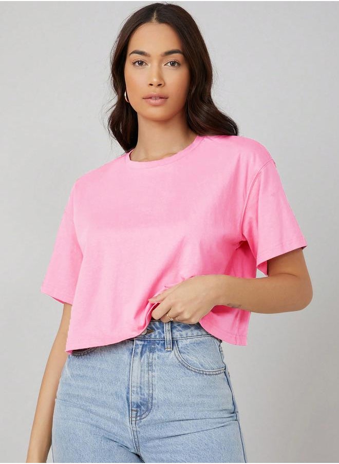 Kotty Solid Short Sleeve Oversized Crop T-Shirt by Styli  - Image 1