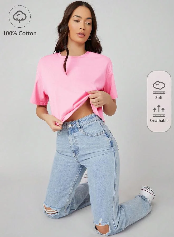 Kotty Kotty Solid Short Sleeve Oversized Crop T-Shirt