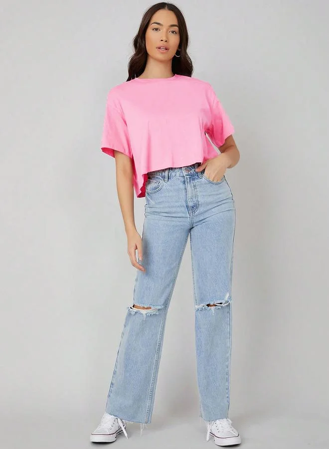 Kotty Kotty Solid Short Sleeve Oversized Crop T-Shirt