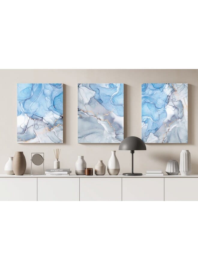 Home Gallery Set Of 3 Blue And Silver Marble Abstract Textures - Image 1