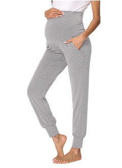 Women's Maternity Pants Activewear Jogger Track Cuff Sweatpants Over The Belly Stretchy Pregnancy Pants, Grey/L