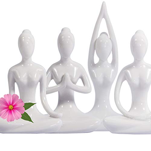 KiaoTime 4.25" White Set of 4 Home Decorative Porcelain Ceramic Yoga Pose Figurine Statue, Meditation Room Instructor Collection Gifts for Yoga Lovers Women Yogi Freak - Image 1