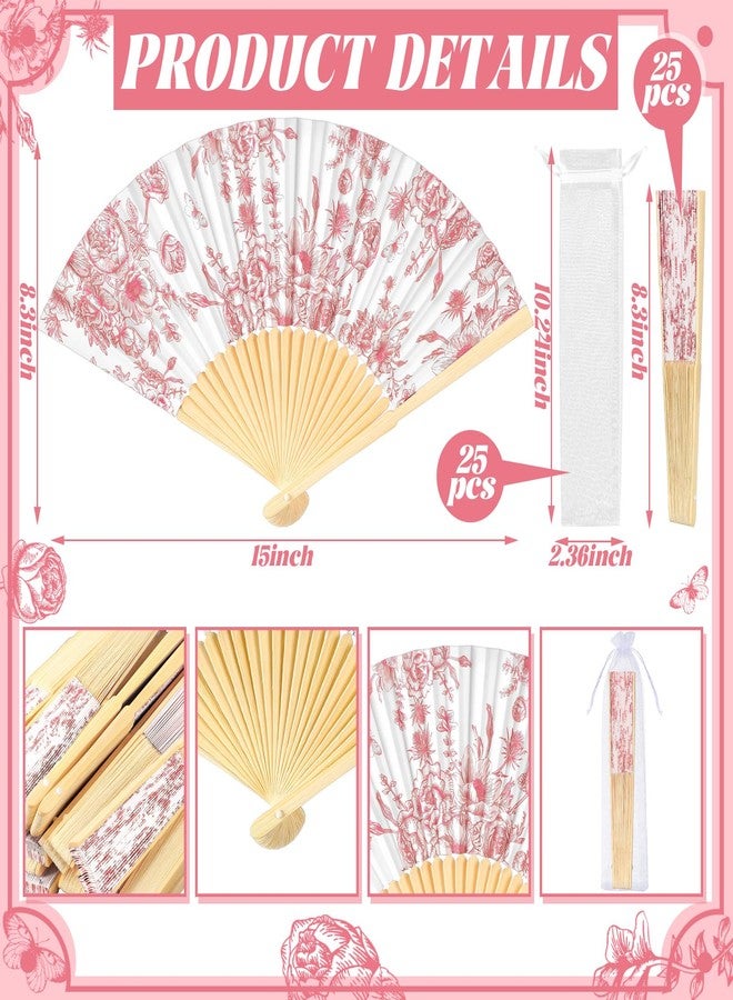 Vercraft 25 Sets Pink Flower Hand Folding Fans with Organza Bags Bulk, Guests Pink Floral Paper Fans Wedding Favors Decorations for Bridal Shower Garden Wedding Bridesmaid Party Gift - Image 2