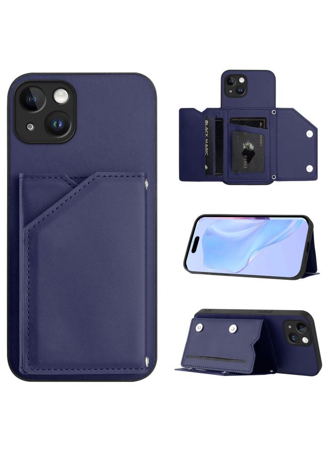 Case For iPhone 14 Plus Skin Feel Four Card Slots Phone Case with Wrist Strap